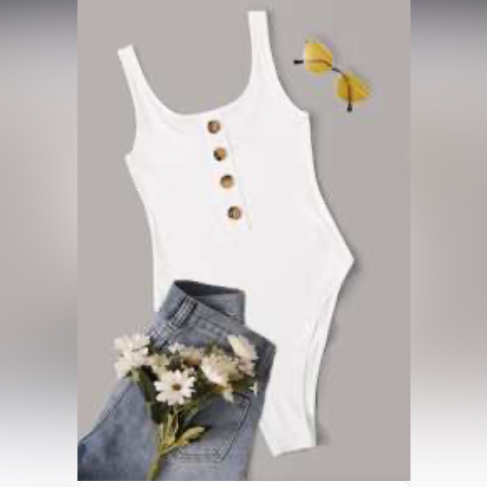 Shein button front rib knit tank bodysuit white M